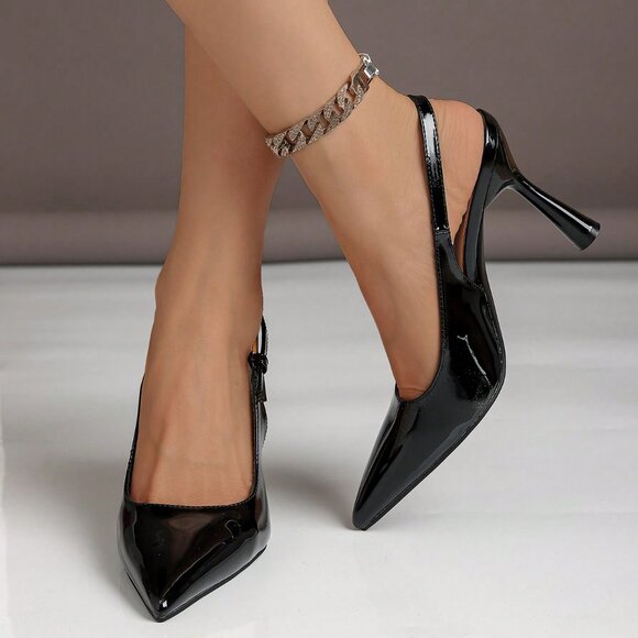 Black Elegant Women's High Heel Pointed Toe Button Lacquered Leather Slingback P - Picture 2 of 6